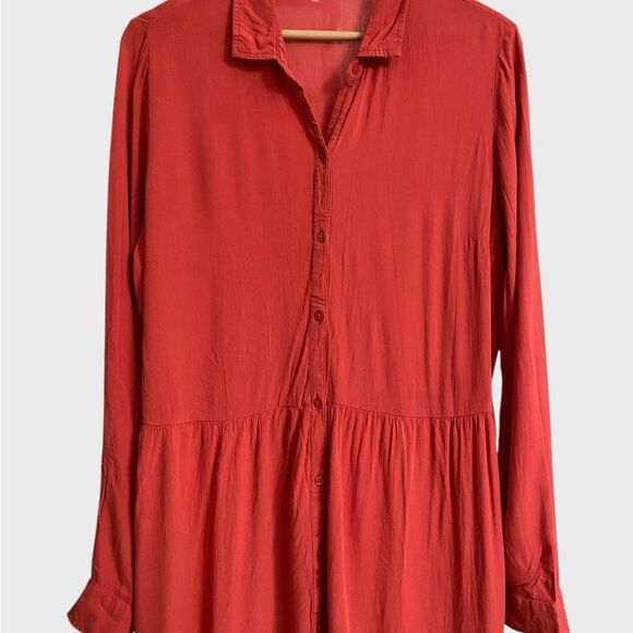 Old Navy Button Front Midi Shirt Dress Size L Crepe Seamed Waist Long Sleeves - Picture 5 of 15